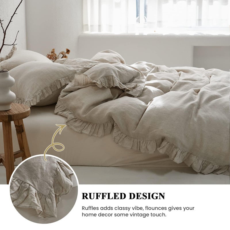 Simple&Opulence 100% Linen Duvet Cover Set, 3 PCS Natural French Flax Ruffle Duvet Cover King Size, Breathable Comfy Linen Bedding Comforter Cover with 2 Pillowcases (Natural Linen, 104" X 92") - Image 2